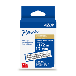 Brother P-touch TZeM31, Premium Matte Laminated, ~1/2in x 26.2ft (12mmx 8m), Black on Clear Label Tape