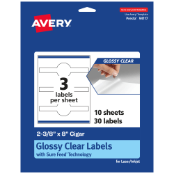 Avery® Glossy Permanent Labels With Sure Feed®, 94117-CGF10, Cigar, 2-3/8" x 8", Clear, Pack Of 30