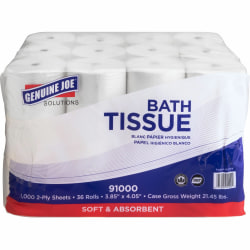 Genuine Joe Solutions Double Capacity Bath Tissue - 2 Ply - 1000 Sheets/Roll - 45/64" Core - White - Virgin Fiber - 36 / Carton