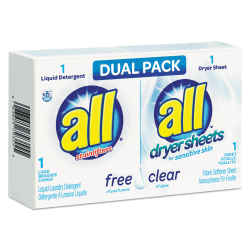 All® Free Clear HE Liquid Laundry Detergent/Dryer Sheet Dual Vend Pack, 100/Ctn