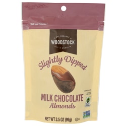 Woodstock Slightly Dipped Almonds, Milk Chocolate, 3.5 Oz, Total Qty 8