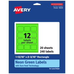 Avery® Print-To-The-Edge Labels With Sure Feed® Technology And Easy Peel®, 94233-NGP20, Rectangle, 1-13/16" x 2-3/16", Matte Neon Green, Pack of 240