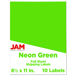 JAM Paper® Full-Page Mailing And Shipping Labels, Rectangle, 8 1/2" x 11", Neon Green, Pack Of 10