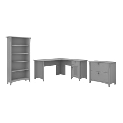 Bush Furniture Salinas 60"W L Shaped Desk With Lateral File Cabinet And 5 Shelf Bookcase, Cape Cod Gray, Standard Delivery