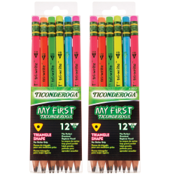 Ticonderoga My First Tri-Write Wood-Case Pencils, No. 2/Soft, Assorted Neon Colors, 12 Pencils Per Pack, Set Of 2 Packs
