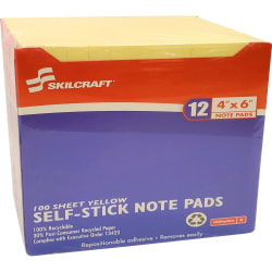 SKILCRAFT® Self-Stick Note Pads, 4" x 6", Yellow, 100 Sheets Per Pad, Pack Of 12 Pads (AbilityOne 7530-01-285-8355)