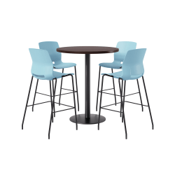 KFI Studios Proof Bistro Round Pedestal Table With Imme Barstools, 4 Barstools, 36", Cafelle/Black/Sky Blue Stools