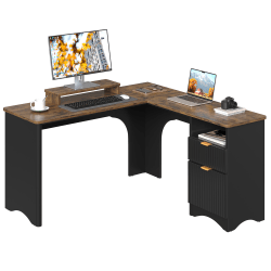 Bestier 56"W Modern L-Shaped Corner Computer Desk With Filing Drawer, Black/Rustic Brown