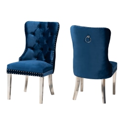 Baxton Studio Honora Velvet Fabric And Metal Dining Accent Chair Set, Glam/Luxe Navy Blue/Silver, Set Of 2 Chairs