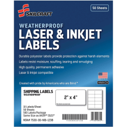 SKILCRAFT Weatherproof Mailing Labels - 2"x 4" - Permanent Adhesive - Rectangle - Laser, Inkjet - White - 6736220