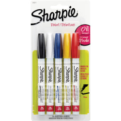 Sharpie® Oil-Based Paint Markers, Fine Point, White Barrels, Assorted Ink, Pack Of 5 Markers