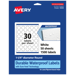 Avery® Waterproof Permanent Labels With Sure Feed®, 94505-WMF50, Round, 1-1/4" Diameter, White, Pack Of 1,500