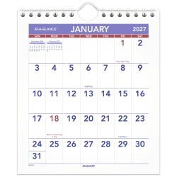 AT-A-GLANCE® 2027 Monthly Wall Calendar, Mini, 6 1/2" x 7 1/2"