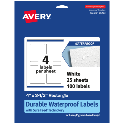 Avery® Waterproof Permanent Labels With Sure Feed®, 94223-WMF25, Rectangle, 4" x 3-1/3", White, Pack Of 100