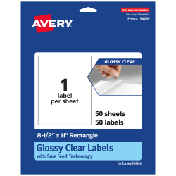 Avery® Glossy Permanent Labels, 94269-CGF50, Rectangle, 8-1/2" x 11", Clear, Pack Of 50