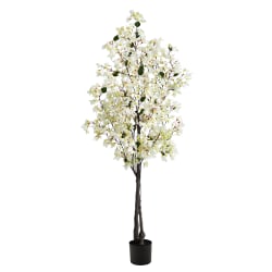 Nearly Natural Bougainvillea 72"H Artificial Plant With Planter, 72"H x 26"W x 10"D, White/Black