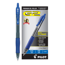 Pilot® G-2 Retractable Gel Pens, Fine Point, 0.7 mm, Clear Barrels, Blue Ink, Pack Of 12 Pens