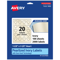 Avery® Pearlized Permanent Labels With Sure Feed®, 94602-PIP100, Heart, 1-1/2" x 1-1/2", Ivory, Pack Of 2,000 Labels
