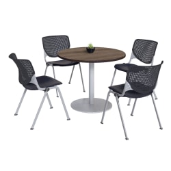 KFI Studios KOOL Round Pedestal Table With 4 Stacking Chairs, Studio Teak/Black
