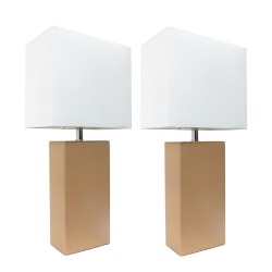 Elegant Designs Modern Leather Table Lamps, 21"H, White Shade/Beige Base, Set Of 2 Lamps