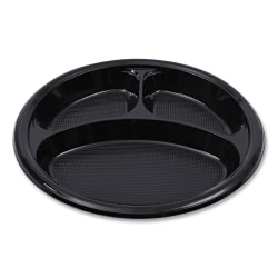 Boardwalk® Hi-Impact Plastic Plates, 3-Compartment, 10", Black, 125 Plates Per Sleeve, Carton Of 4 Sleeves