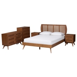 Baxton Studio Asami Mid-Century Modern Finished Wood/Woven Rattan 5-Piece Bedroom Set, Queen Size, Walnut Brown