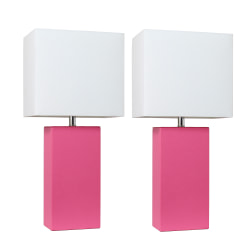 Elegant Designs Modern Leather Table Lamps, 21"H, White Shade/Hot Pink Base, Set Of 2 Lamps