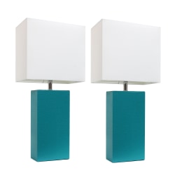 Elegant Designs Modern Leather Table Lamps, 21"H, White Shade/Teal Base, Set Of 2 Lamps