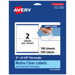 Avery® Permanent Labels With Sure Feed®, 94259-CMF100, Rectangle, 5" x 8-1/8", Matte Clear, Pack Of 200