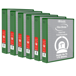 BAZIC Products 3-Ring View Binder With 2 Pockets, 1" Round, Green, Pack Of 6