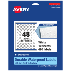 Avery® Waterproof Permanent Labels With Sure Feed®, 94606-WMF10, Starburst, 1", White, Pack Of 480