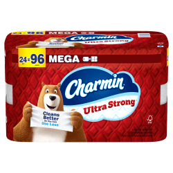 Charmin Ultra Strong Toilet Paper Mega Rolls, 4" x 3-15/16", White, 220 Sheets Per Roll, Pack Of 24 Mega Rolls