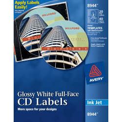 Avery® Full-Face Permanent Adhesive CD Labels, 8944, Round, 4 1/2" Diameter, Glossy White, Pack Of 20 Disc And 40 Spine Labels