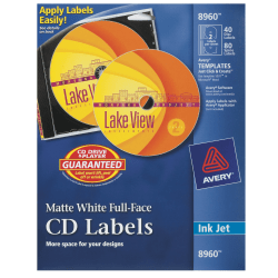 Avery® Print-to-the-Edge CD Labels, 8960, Round, 4.5" Diameter, White, 40 Disc Labels And 80 Spine Labels