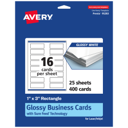 Avery® Printable Mini Business Cards With Sure Feed® Technology, Print-To-The-Edge, 1"x3", Glossy White, Pack Of 400