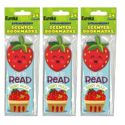 Eureka Bookmarks, 2" x 6", Strawberry Scented, 24 Per Pack, Set Of 3 Packs