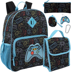 Trailmaker 6-in-1 Gamer’s Print Backpack With Matching Lunch Bag, Pencil Case, Tech Pouch, Keychain & Carabiner Clip, Black/Blue