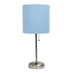 LimeLights Brushed Steel Stick Lamp with Charging Outlet and Blue Fabric Shade