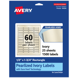 Avery® Pearlized Permanent Labels With Sure Feed®, 94204-PIP25, Rectangle, 1/2" x 1-3/4", Ivory, Pack Of 1,500 Labels