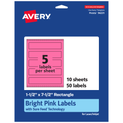Avery® Print-To-The-Edge Labels With Sure Feed® Technology, 94231-BPP10, Rectangle, 1-1/2" x 7-1/2", Matte Bright Pink, Pack of 50