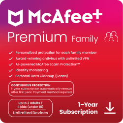 McAfee Premium Family Protection, 2024, For Unlimited Devices, 1-Year Subscription, Android/Windows/IOS, Download