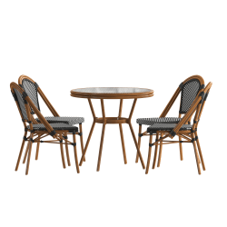 Flash Furniture Bordeaux Indoor/Outdoor Commercial Bistro 31.5" Table, PE Rattan, Glass Top with 4 Stack Chairs, Black & White Rattan/Natural Frame