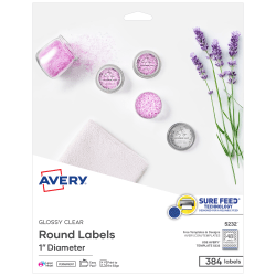 Avery® Print-To-The-Edge Labels With Easy Peel® And Sure Feed® Technology, 5232, Round, 1" Diameter, Glossy Clear, Pack Of 384