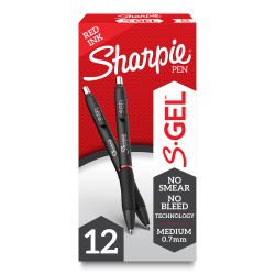 Sharpie S Gel Pens, Medium Point, 0.7 mm, Black Barrel, Red Ink, Pack Of 12 Pens
