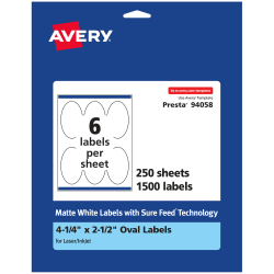 Avery® Permanent Labels With Sure Feed®, 94058-WMP250, Oval, 4-1/4" x 2-1/2", White, Pack Of 1,500