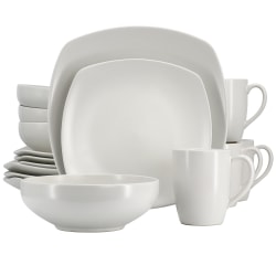 Signature Living Majorca 16-Piece Square Stoneware Dinnerware Set, Linen