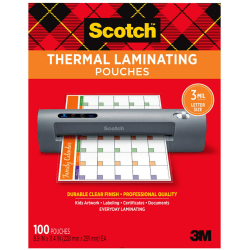 Scotch® Thermal Laminating Pouches TP3854-100, 8-7/8" x 11-3/8", Clear, Pack Of 100 Laminating Sheets