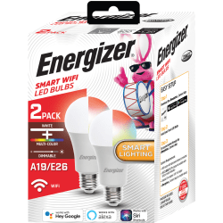Energizer® Connect Smart A19 LED Light Bulbs, White/Multicolor RGB, Pack Of 2 Bulbs