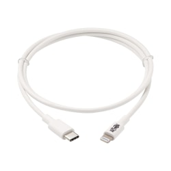 Tripp Lite Lightning to USB C Sync / Charging Cable Apple iPhone iPad 3ft 3' - First End: 1 x 8-pin Lightning Male Proprietary Connector - Second End: 1 x Type C Male USB - 60 MB/s - MFI - Nickel Plated Connector - Gold Plated Contact - White
