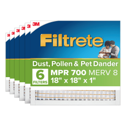 Filtrete™ 18 x 18 x 1 Air Filter, 6 HVAC Filters, MPR 700, Merv 8, Dust, Pollen & Pet Dander, 3 Month Pleated 1 Inch Electrostatic Air Filters